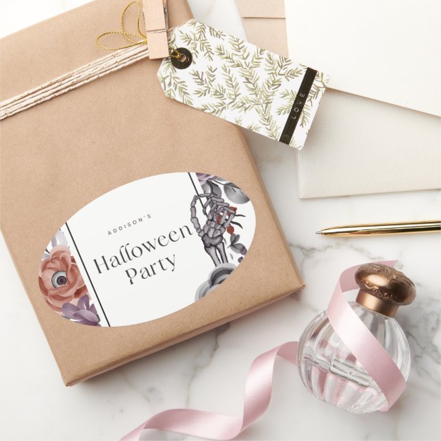 Pegatina Ovalada Spooky Floral Halloween Birday Party Card (Regalar)