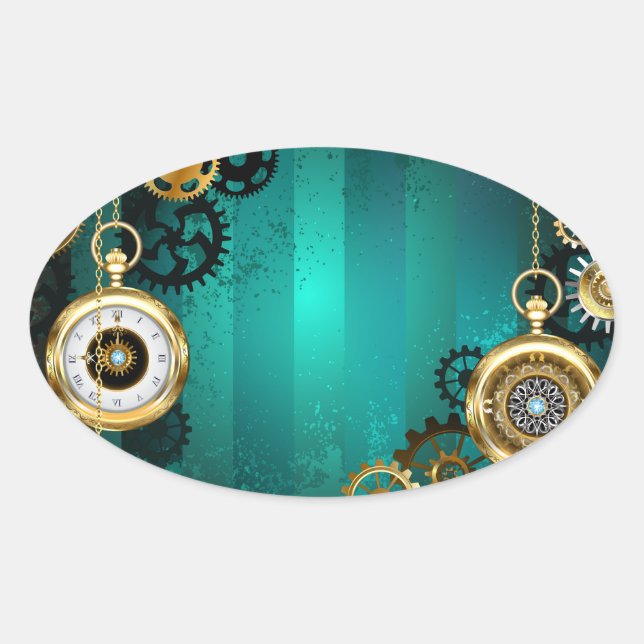 Pegatina Ovalada Steampunk Jewelry Watch sobre un fondo verde (Anverso)