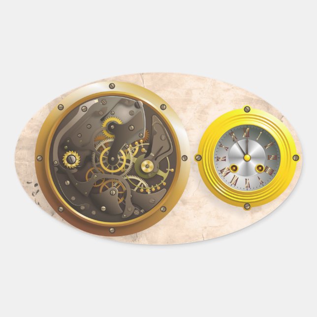 Pegatina Ovalada Steampunk reloj (Anverso)