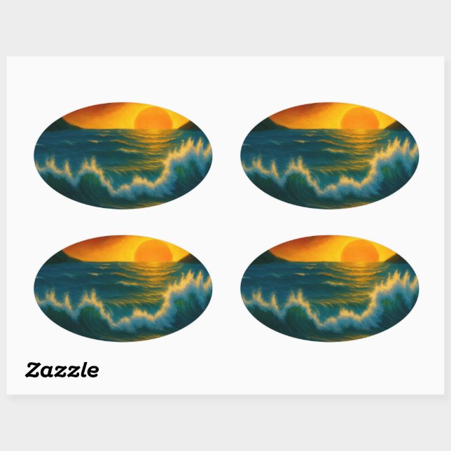 Pegatina Ovalada Sunset Surf – Bold Ocean Wave Art Sticker (Hoja)
