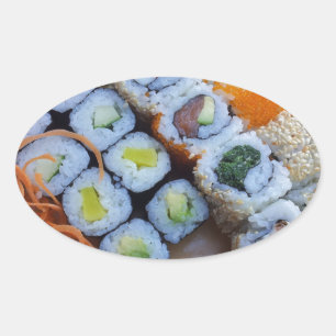 Pegatina Ovalada Sushi Asia: Mar de alimentos para peces de arroz