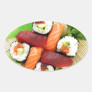 Pegatina Ovalada Sushi Japonés Delicioso Comida Asiática Sabroso