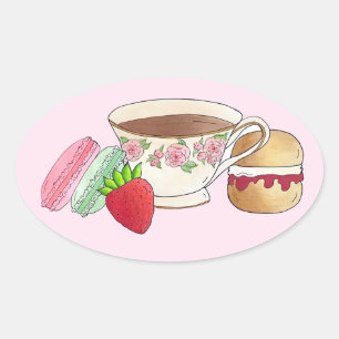Pegatina Ovalada Tarde Fiesta de té Macarons Teacup Cream Scone