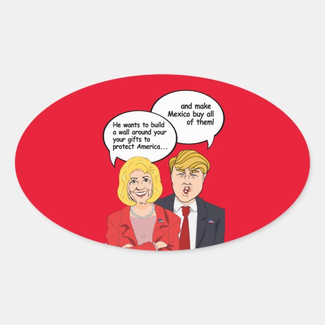 Pegatina Ovalada Tarjeta de cumpleaños Hillary vs Trump - Una pared (Anverso)