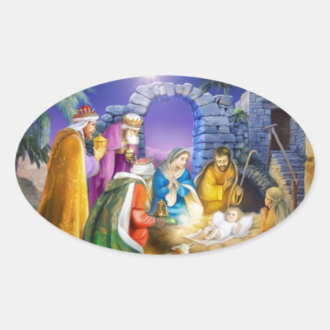 Pegatina Ovalada Tarjeta de Navidades cristianos (Anverso)