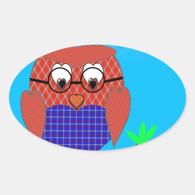 Pegatina Ovalada Tartán y búho cardíaco (Anverso)