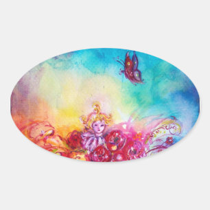 PEGATINA OVALADA THUMBELINA, BAÑERA DE FLORES Y MARIPOSA