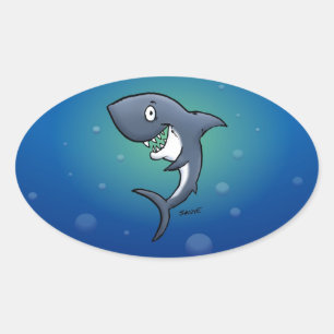 Pegatina Ovalada Tiburón gracioso sonriente con fondo azul