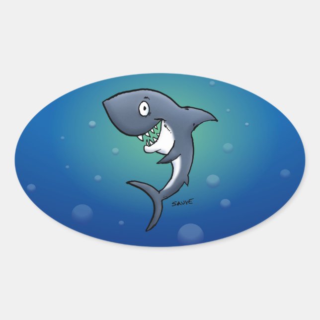 Pegatina Ovalada Tiburón gracioso sonriente con fondo azul (Anverso)