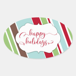 Pegatina Ovalada Tipografía de Felices Fiestas con Rayas Diagonales