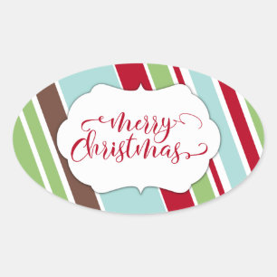 Pegatina Ovalada Tipografía de Feliz Navidad Roja con Rayas Diagona
