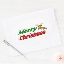 Pegatina Ovalada Tipografía de renos voladores navideños