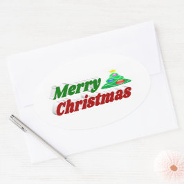 Pegatina Ovalada Tipografía verde roja del árbol de navidad Feliz