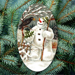 Pegatina Ovalada title:	Mr. Snowman and Mr. Crow Oval Sticker<br><div class="desc">This gorgeous German postcard image illustrates a crow paying a visit to a snowman surrounded by winter scenery. The simplicity and colors result in a beautiful eye-catching image. It is perfect for all of your Christmas and holiday needs.</div>