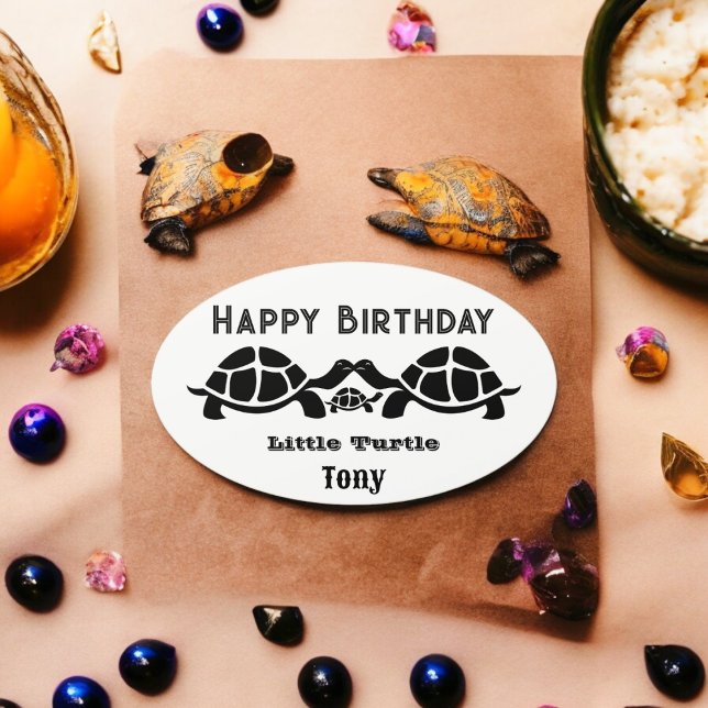 Pegatina Ovalada Tortuga negra y blanca (Black Turtle party theme sticker,birthday party sticker,gift pack,envelope,return gift sticker)