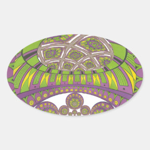 Pegatina Ovalada Tradicional kaleidoscopio africano púrpura y amari