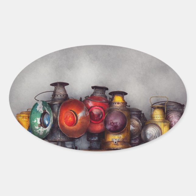 Pegatina Ovalada Tren - Colección de linternas de vías ferroviarias (Anverso)