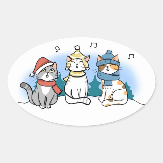 Pegatina Ovalada Tres gatos cantando Navidades Carols en la Nieve (Anverso)