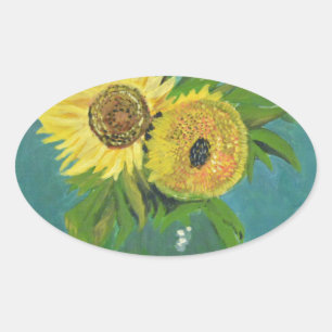 Pegatina Ovalada Tres girasoles en un jarrón, van Gogh