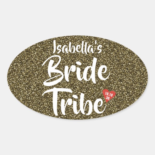 Pegatina Ovalada Tribu de novias Fecha roja Purpurina personalizada (Anverso)