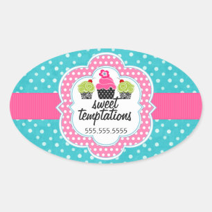 Pegatina Ovalada Turquoise Polka Dot Cupakes Bakerley Business