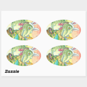 PEGATINA OVALADA TYRANNOSAURUS, CUTE T-REX, EASTER BUNNY DINO