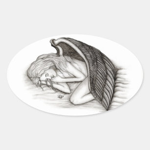Pegatina Ovalada Un ángel dormido, diseño blanco y negro