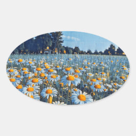 Pegatina Ovalada Un campo lleno de camiles en flor