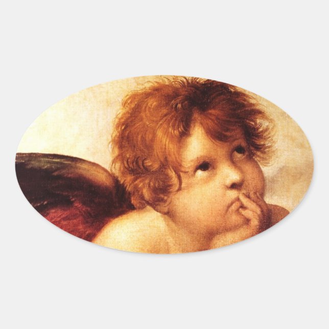 Pegatina Ovalada Un Cherub, detalle de la Madonna sistina - Rafael (Anverso)