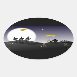 Pegatina Ovalada Un OS Três Reis Magos de Noite Santa e