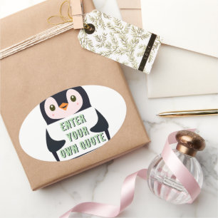 Pegatina Ovalada Un pingüino sosteniendo un cartel con texto person