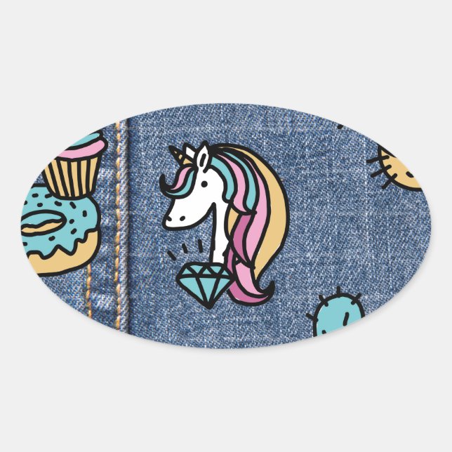 Pegatina Ovalada unicornio parches denim (Anverso)