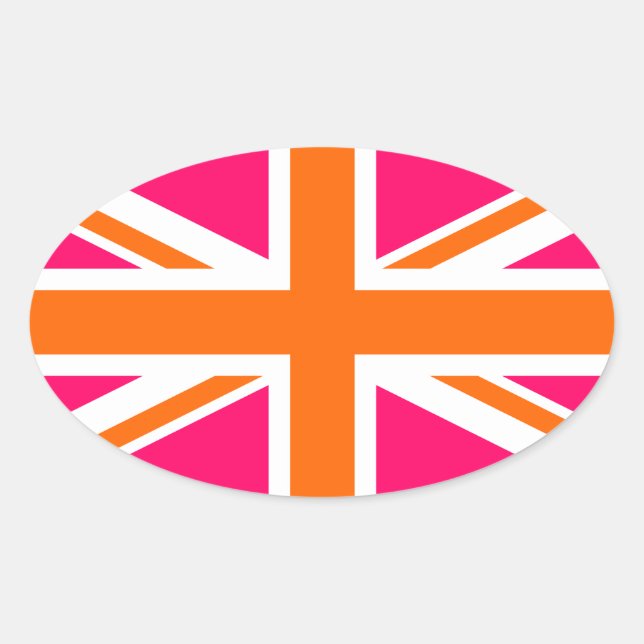 Pegatina Ovalada Union Jack rosa y naranja (Anverso)