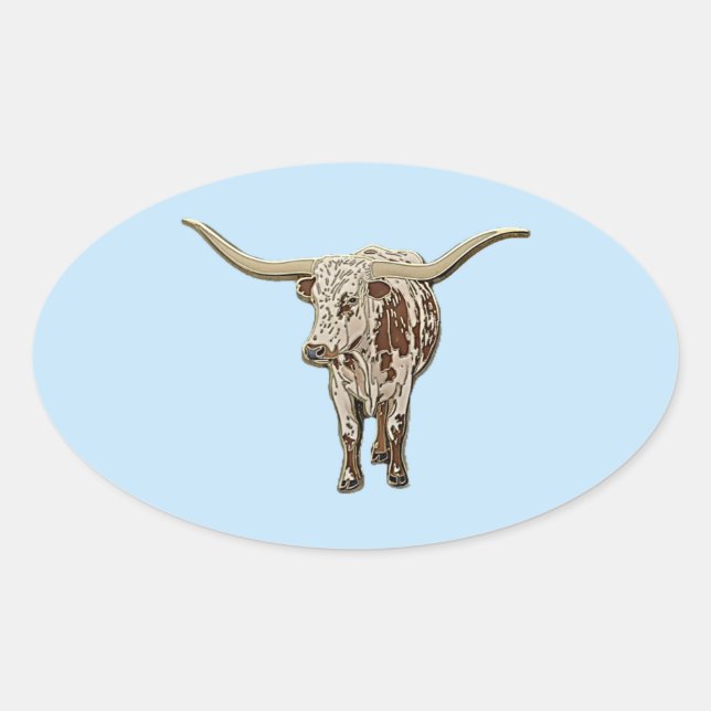 Pegatina Ovalada Vaca Longhorn Manchada (Anverso)