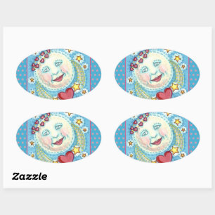 PEGATINA OVALADA VALENTINA EN LA LUNA, ESTRELLAS Y CORAZONES FUERTE