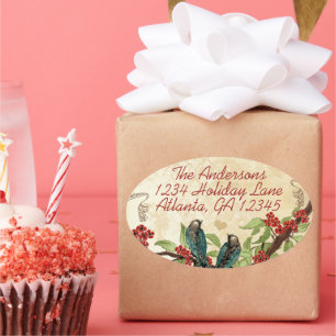 Pegatina Ovalada Verde azulados pájaros vintage Árbol rojo borgoñón