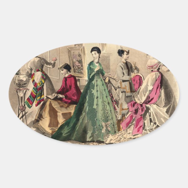 Pegatina Ovalada Vestido del Victorian con el arco rosado (Anverso)