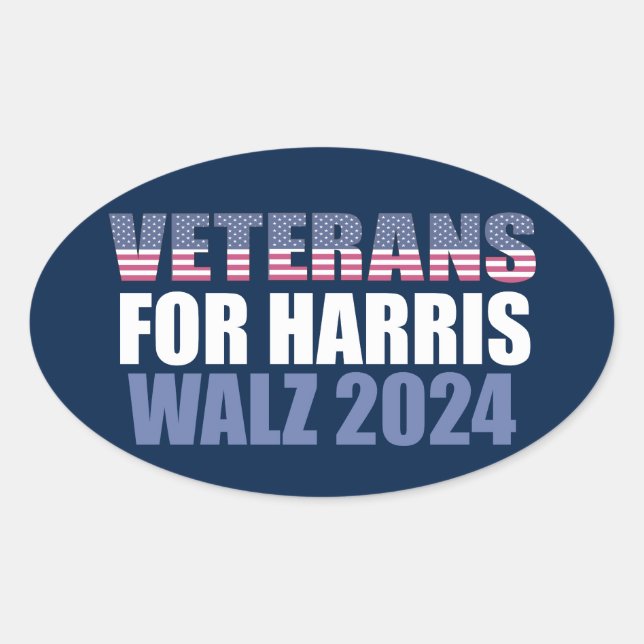Pegatina Ovalada Veteranos por Harris Walz 2024 Elections Blue (Anverso)