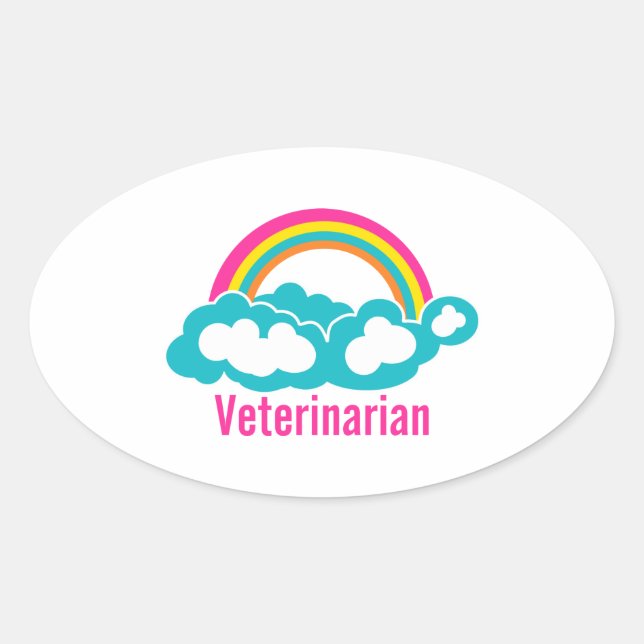 Pegatina Ovalada Veterinaria de Rainbow Cloud (Anverso)