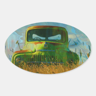 Pegatina Ovalada Viejo Derelict Vintage Truck Art
