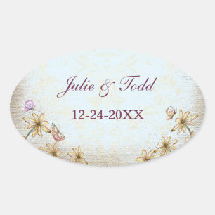 Pegatina Ovalada Vintage Blue Floral Wedding Save The Date