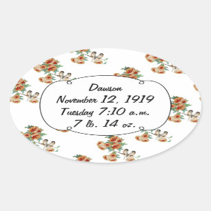 Pegatina Ovalada Vintage Cherry Blossom Love Bird Peach Mint