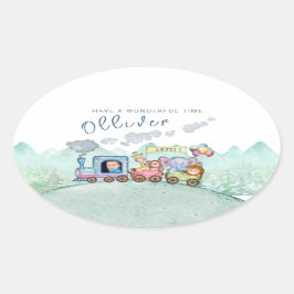 Pegatina Ovalada Vintage Cute Train Boy Birday Watercolor foto