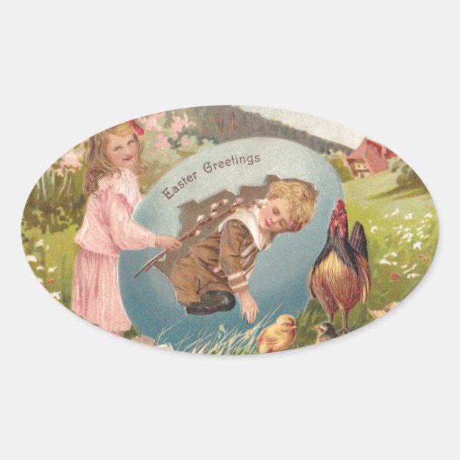 Pegatina Ovalada Vintage Easter Victorian Chica & Boy (Anverso)