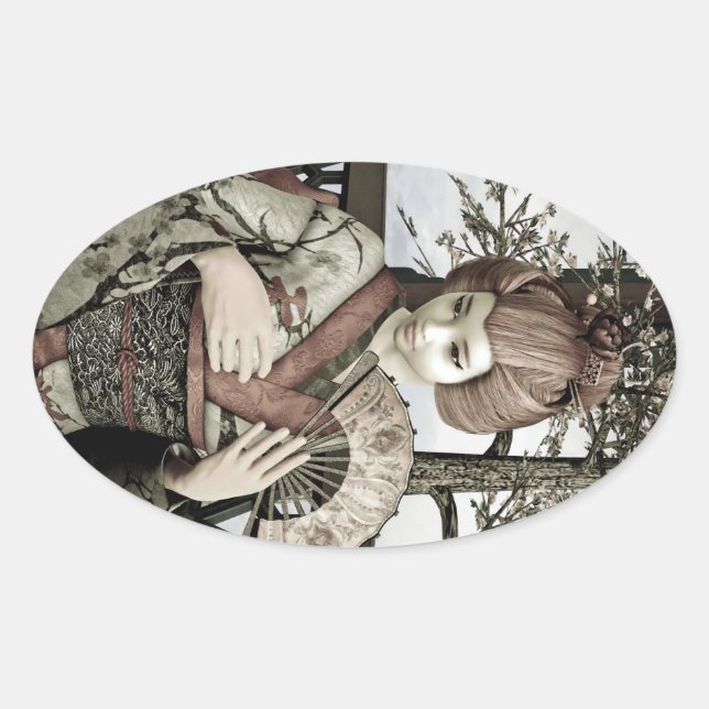 Pegatina Ovalada Vintage Geisha (Anverso)