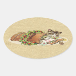 Pegatina Ovalada Vintage Merry Christmas Mail Cat