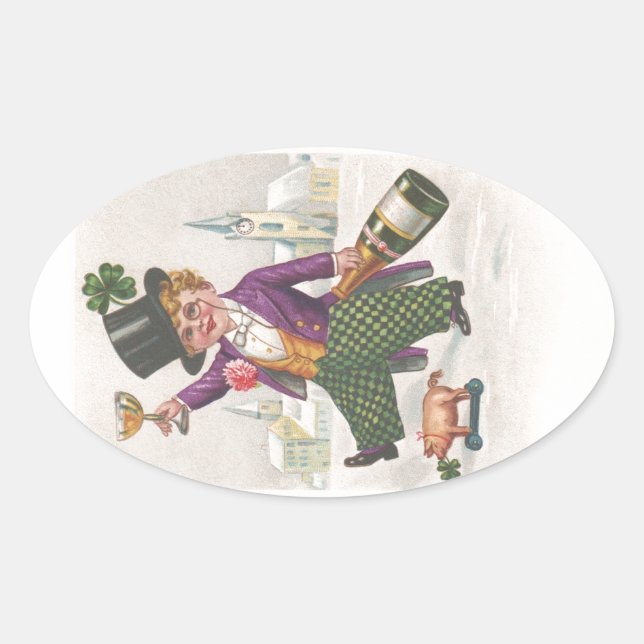 Pegatina Ovalada Vintage St Patricks Day Shamrock Champagne (Anverso)