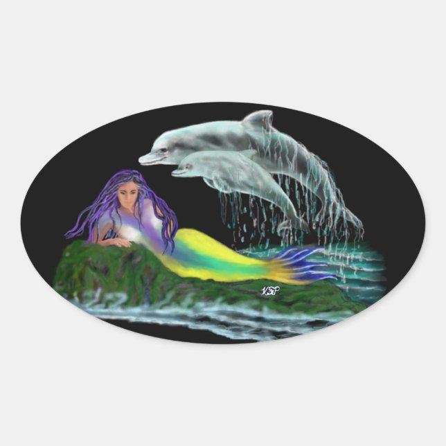 Pegatina Ovalada Virgen de mar con delfines (Anverso)