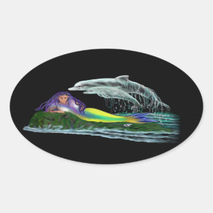 Pegatina Ovalada Virgen de mar con delfines