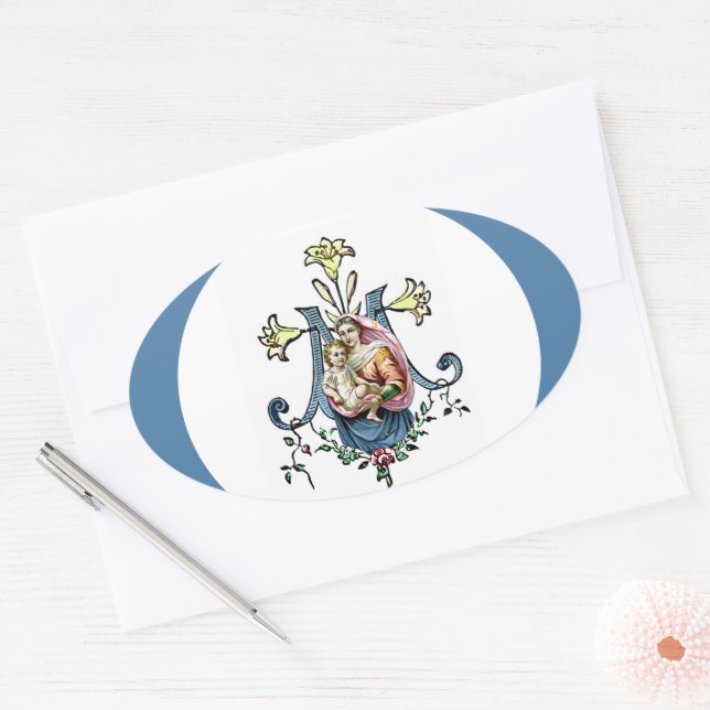 Pegatina Ovalada Virgen María Religiosa Jesús Vintage Católico (Sobre)